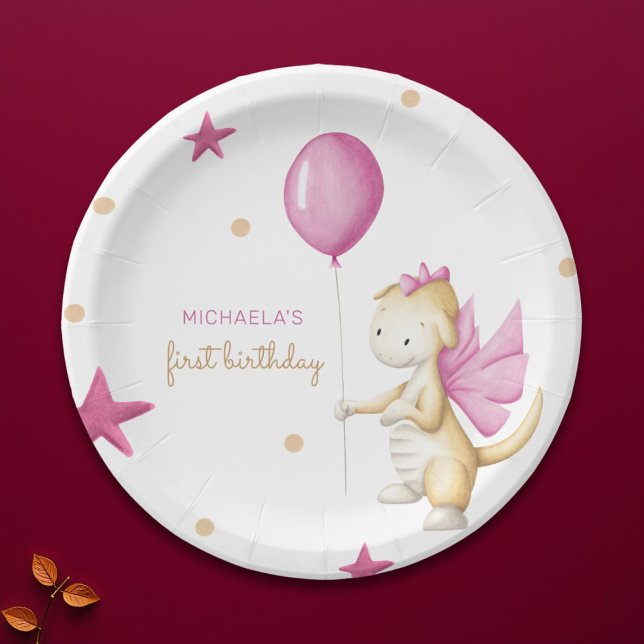 Pink Dragon Girl Birthday Party Paper Plate (Creator Uploaded)