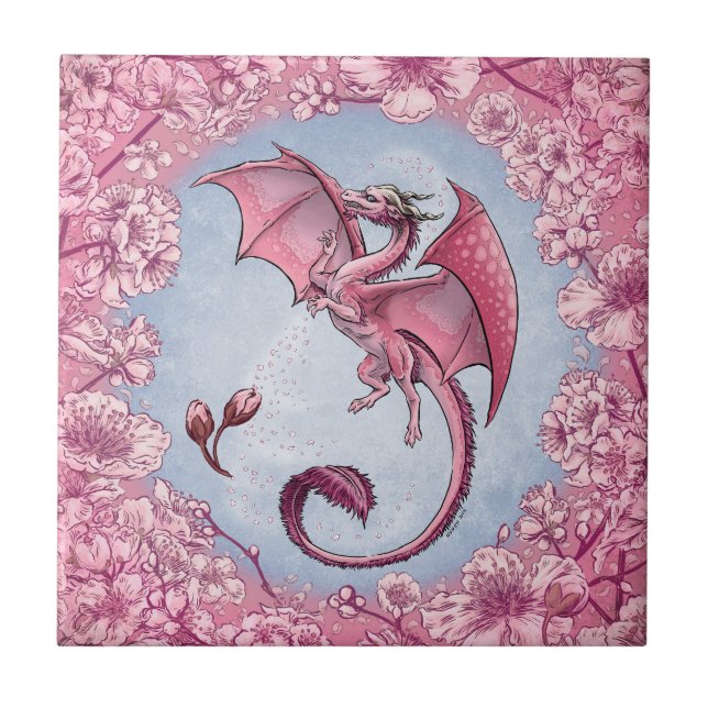 Pink Dragon of Spring Nature Fantasy Art Ceramic Tile (Front)