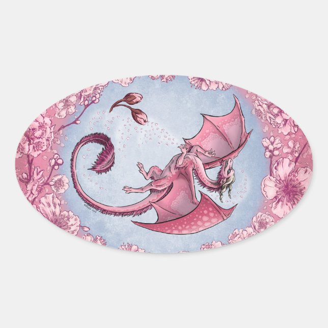 Pink Dragon of Spring Nature Fantasy Art Oval Sticker (Front)