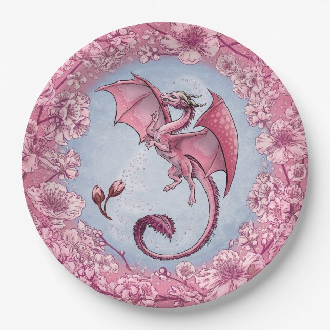 Pink Dragon of Spring Nature Fantasy Art Paper Plate (Front)