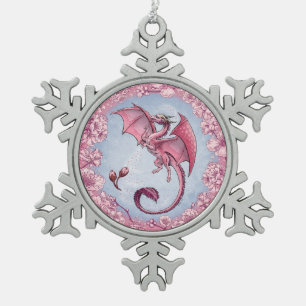 Pink Dragon of Spring Nature Fantasy Art Snowflake Pewter Christmas Ornament