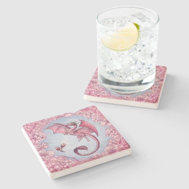 Pink Dragon of Spring Nature Fantasy Art Stone Coaster (Side)