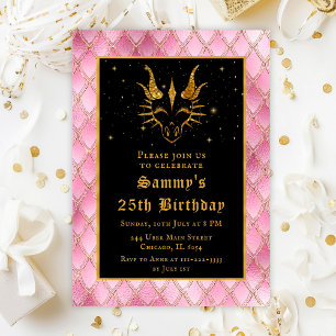 Pink Dragon Scales Gold Faux Glitter Birthday Invitation