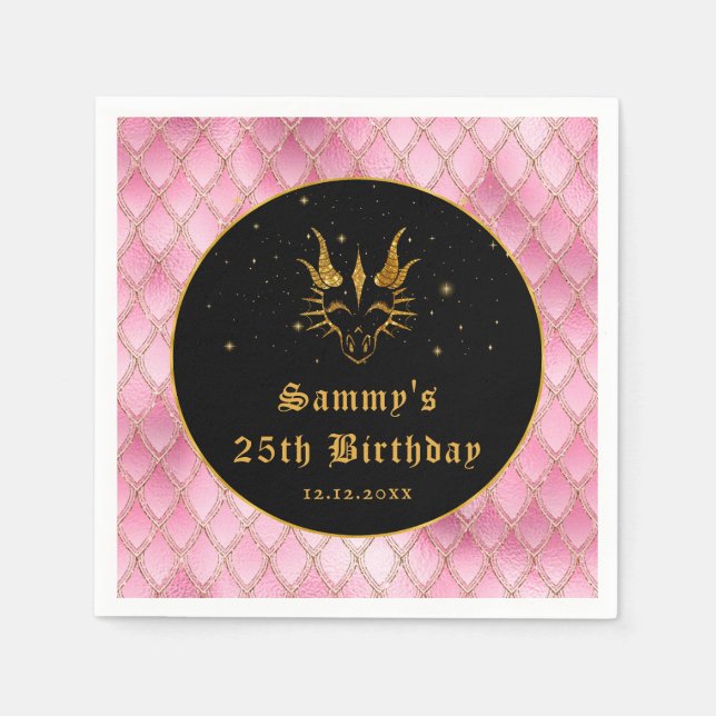 Pink Dragon Scales Gold Faux Glitter Birthday Napkin (Front)
