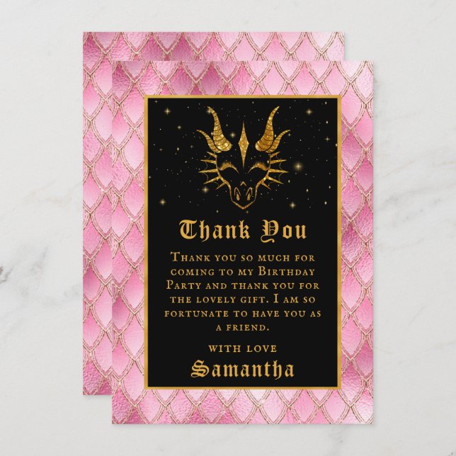 Pink Dragon Scales Gold Faux Glitter Birthday Thank You Card (Front/Back)