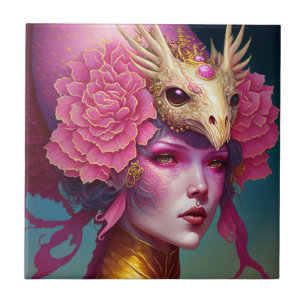 Pink Dragon Skull Woman Fantasy Art Ceramic Tile