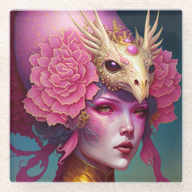 Pink Dragon Skull Woman Fantasy Art Glass Coaster (Front)
