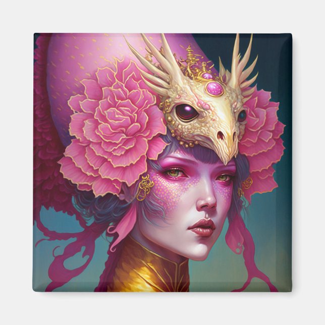 Pink Dragon Skull Woman Fantasy Art Magnet (Front)