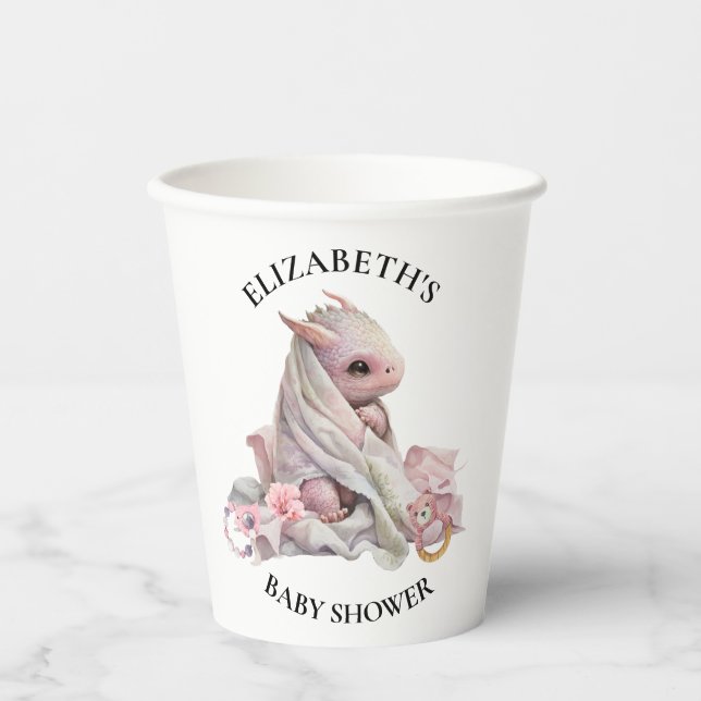 Pink Dragon Watercolor Baby Shower  Paper Cups (Front)