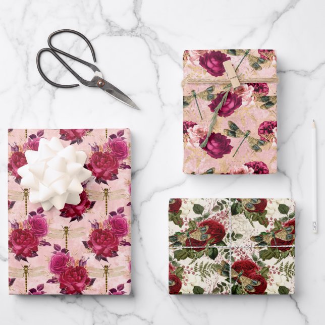 Pink Dragonflies and Roses  Wrapping Paper Sheet (Front)