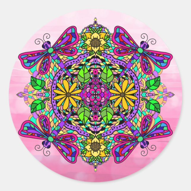 Pink Dragonfly and Flowers Mandala Hand Drawn Art Classic Round Sticker (Front)
