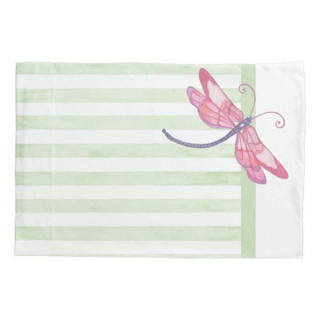 Pink Dragonfly and Sage stripes Pillowcase (Back)