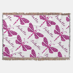 Pink dragonfly art pattern name throw blanket
