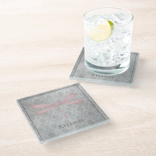 Pink Dragonfly Damask Glass Coaster (Angled)