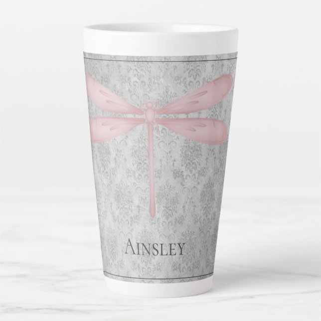 Pink Dragonfly Damask Latte Mug (Front)