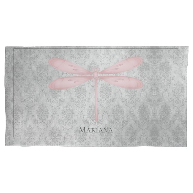 Pink Dragonfly Damask Pillowcase (Front)