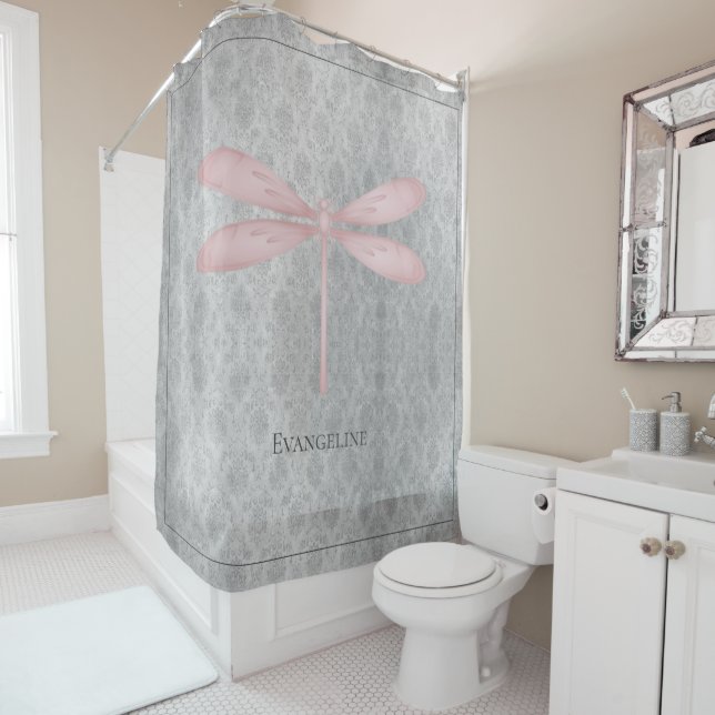 Pink Dragonfly Damask Shower Curtain (In Situ)