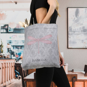 Pink Dragonfly Damask Tote Bag