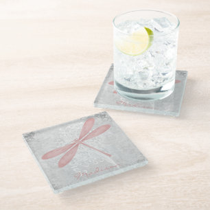 Pink Dragonfly Personalised Glass Coaster