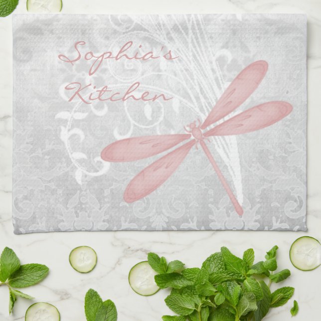Pink Dragonfly Personalised Kitchen Towel (Folded)
