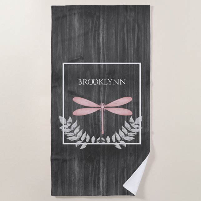 Pink Dragonfly Rustic Beach Towel (Front)