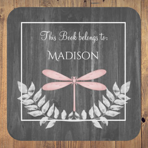 Pink Dragonfly Rustic Book Sticker