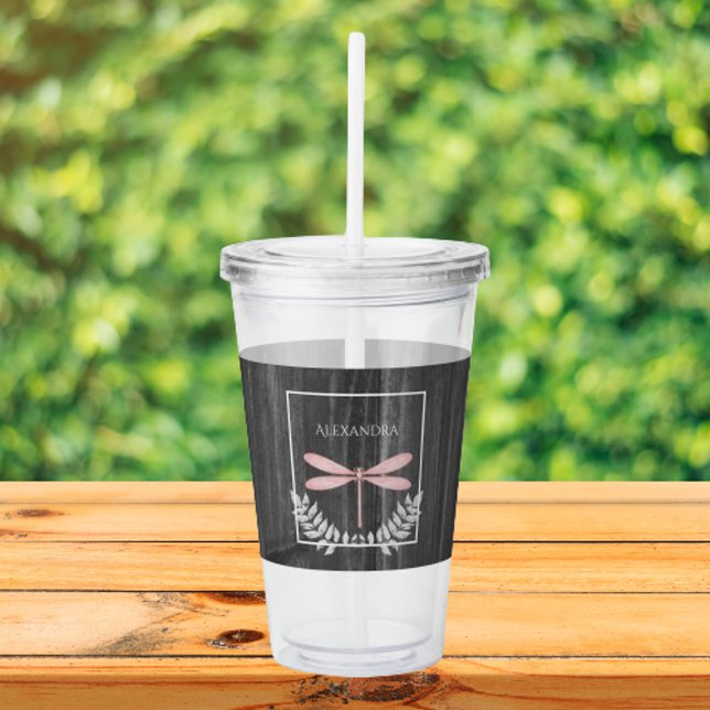 Pink Dragonfly Rustic Personalised Acrylic Tumbler (Pink Dragonfly Rustic Personalized Acrylic Tumbler)