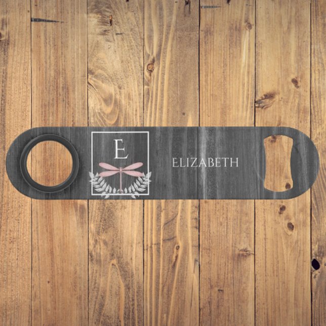 Pink Dragonfly Rustic Personalised Bar Key (Pink Dragonfly Rustic Personalized Bottle Opener)