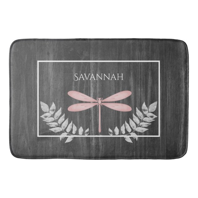 Pink Dragonfly Rustic Personalised Bath Mat (Front)