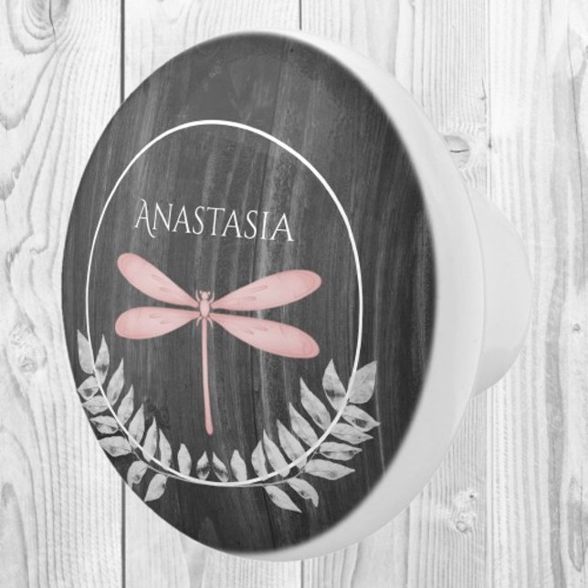 Pink Dragonfly Rustic Personalised Ceramic Knob (Pink Dragonfly Rustic Personalized Ceramic Knob)