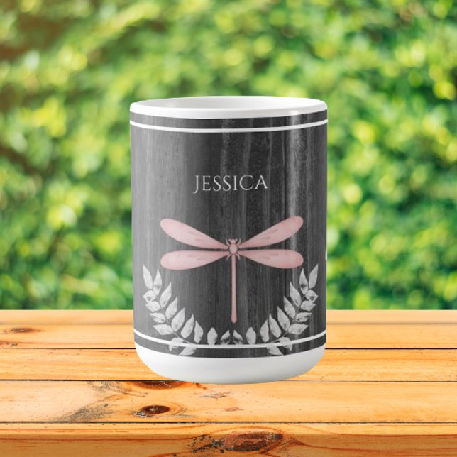 Pink Dragonfly Rustic Personalised Coffee Mug (Pink Dragonfly Rustic Personalized Coffee Mug)