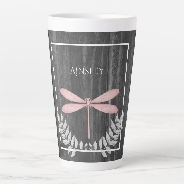Pink Dragonfly Rustic Personalised Latte Mug (Front)