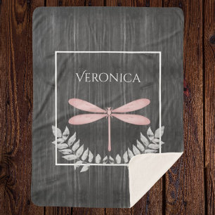 Pink Dragonfly Rustic Personalised Sherpa Blanket