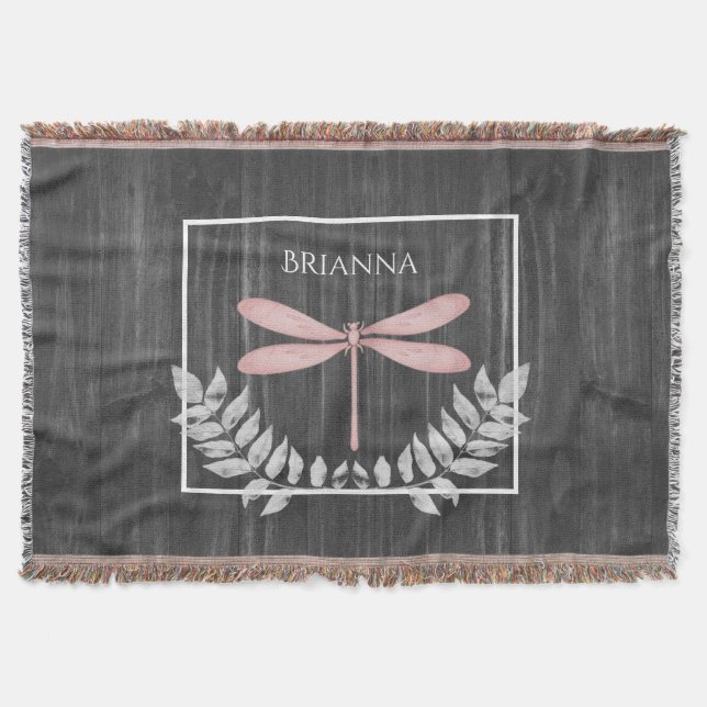 Pink Dragonfly Rustic Personalised  Throw Blanket (Front)