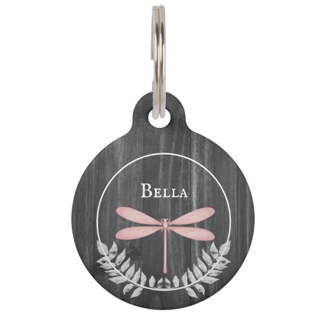 Pink Dragonfly Rustic Round Pet Tag (Front)