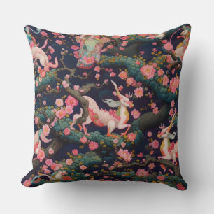 Pink Dragons and Cherry Blossoms Throw Pillow