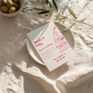 Pink Drawn Champagne Tower Forty 50th Birthday Invitation