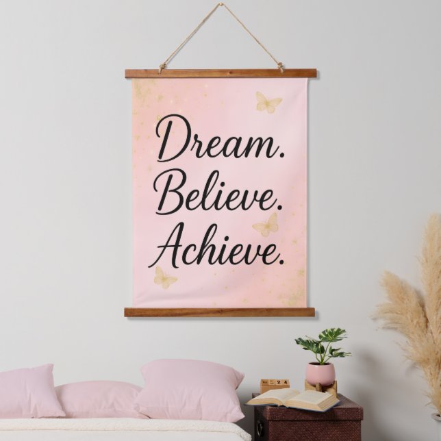 Pink Dream Believe Achieve Wall Tapestry (Bedroom)