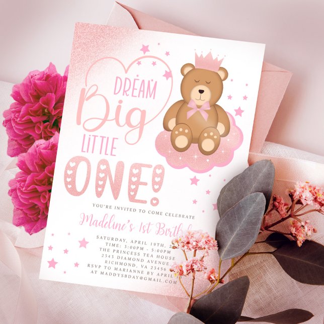 Pink Dream Big Little One Sleepy Bear Birthday Invitation (Creator Uploaded)