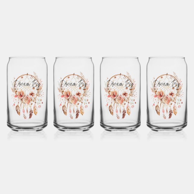 Pink Dream Catcher Boho Floral Can Glass (Front)