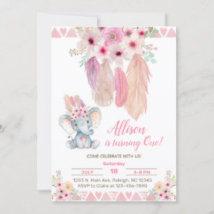 Pink dream catcher & elephant girl birthday invite