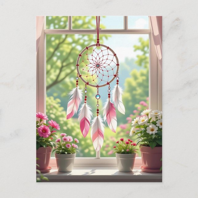 Pink Dreamcatcher and Plants Window  Postcard (Front)