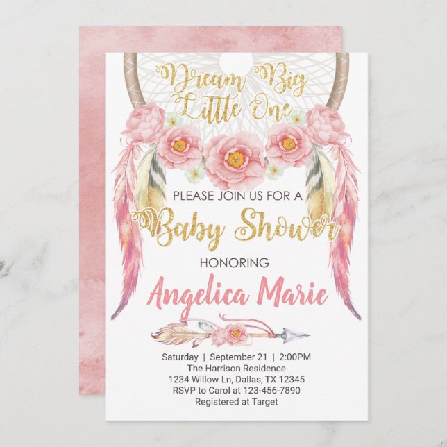 Pink Dreamcatcher Baby Shower Invitation Invite (Front/Back)