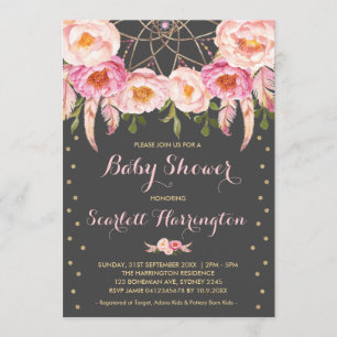 Pink Dreamcatcher Girl Baby Shower Boho Floral Invitation