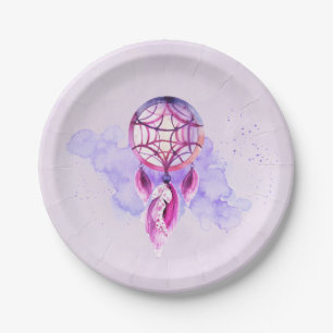 Pink Dreamcatcher On Purple Watercolor Splatter Paper Plate