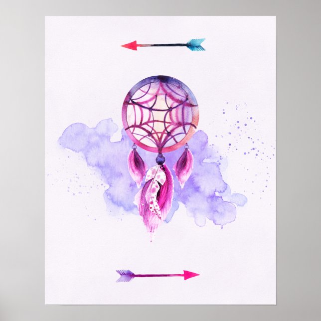 Pink Dreamcatcher On Purple Watercolor Splatter Poster (Front)