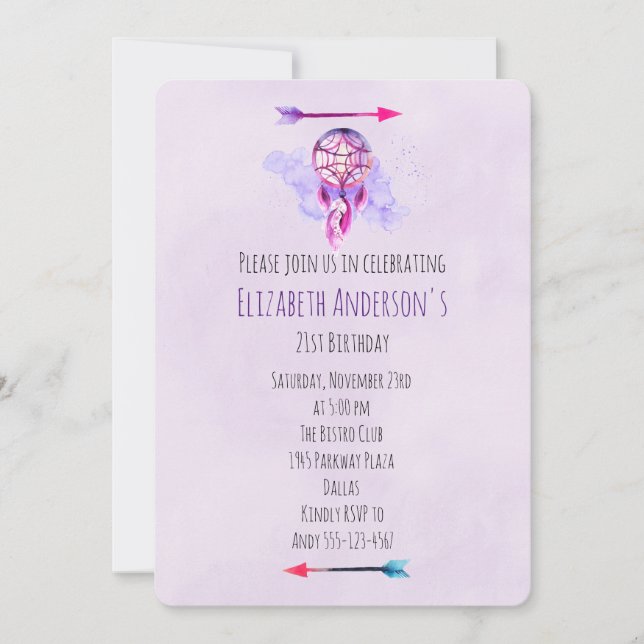 Pink Dreamcatcher Purple Watercolor Birthday Party Invitation (Front)