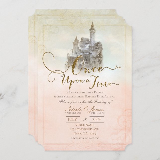 Pink Dreamy Fairy Tale Storybook Castle Wedding Invitation (Front/Back)