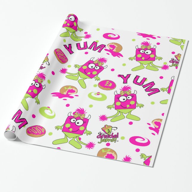 Pink Dreidel Monster Wrapping Paper (Unrolled)
