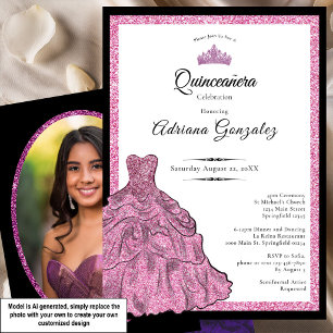 Pink Dress and Tiara Custom Photo Quinceanera Invitation